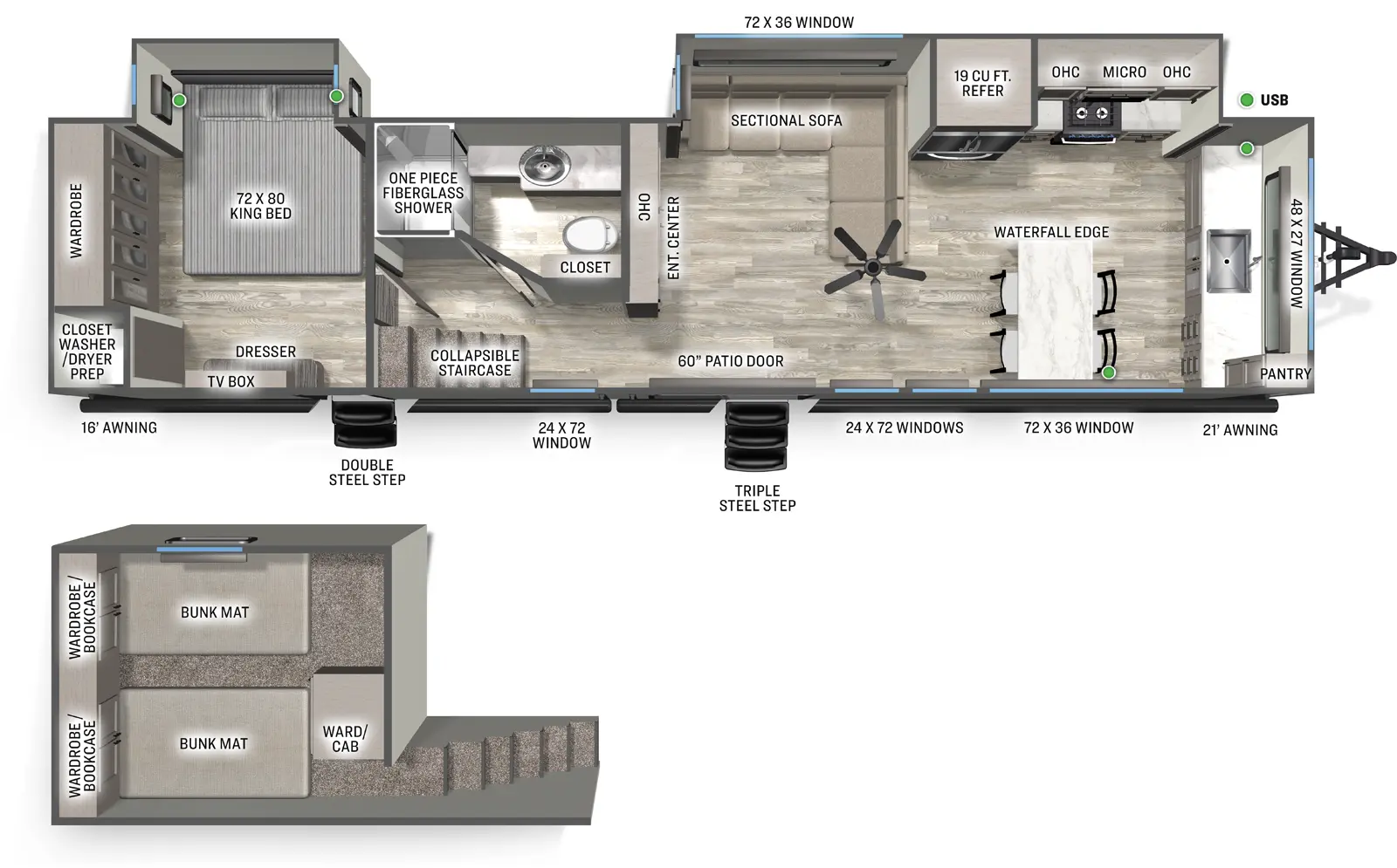 The Sierra Destination 422FKL floorplan has two entries and two slide outs. Exterior features include: fiberglass exterior and 16' & 21' awning. Interiors features include: loft, front kitchen, free-standing dinette option and rear bedroom.
